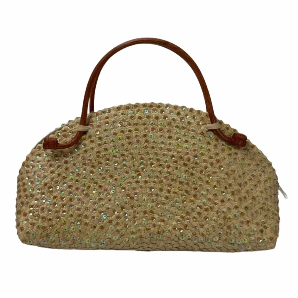 Vintage Handbag Woven Bamboo Wood Handle Sequins Handmade Bag Hand Crafted Purse